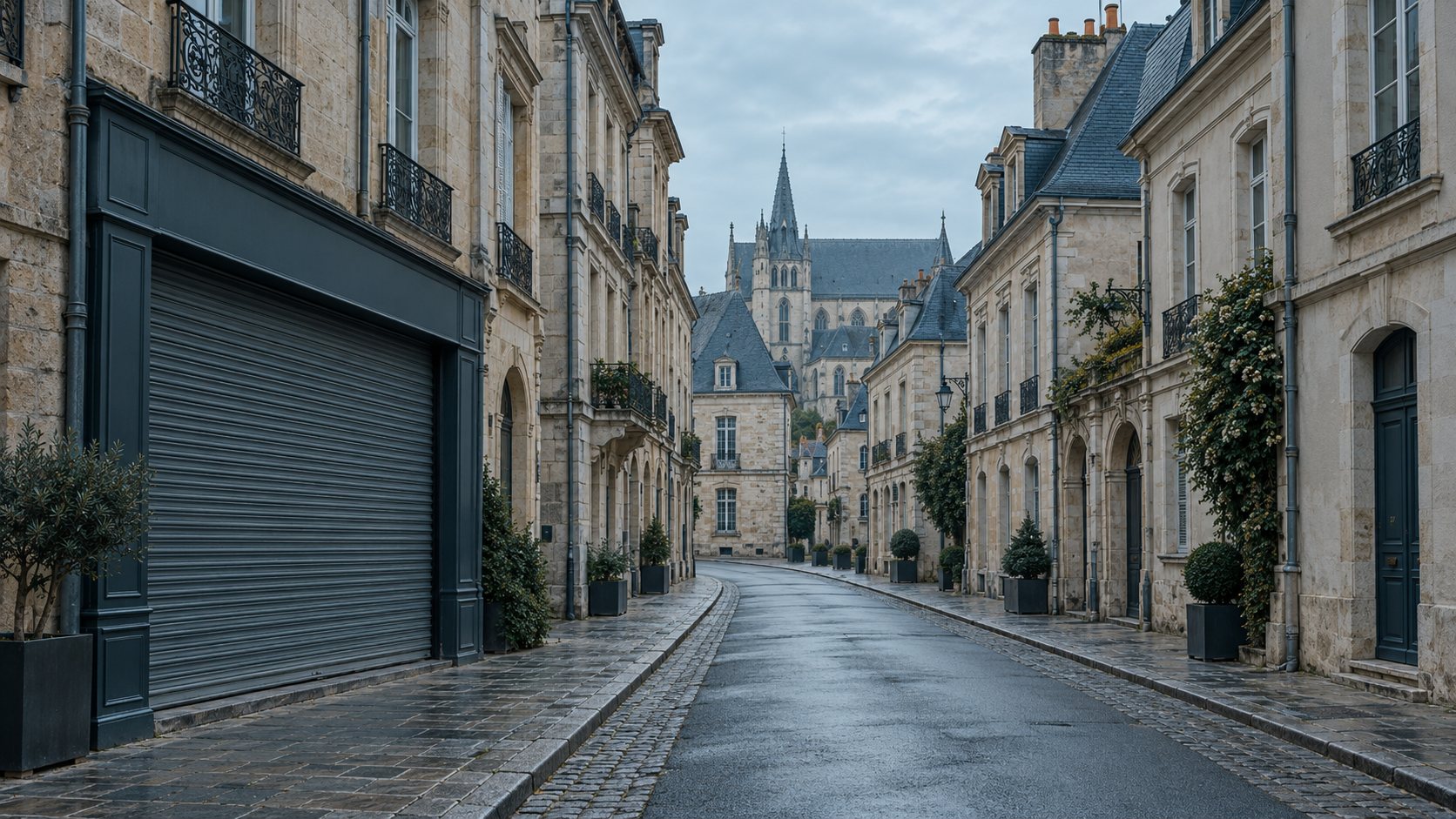Illustration d’une rue de centre-ville avec façades en pierre et boutiques